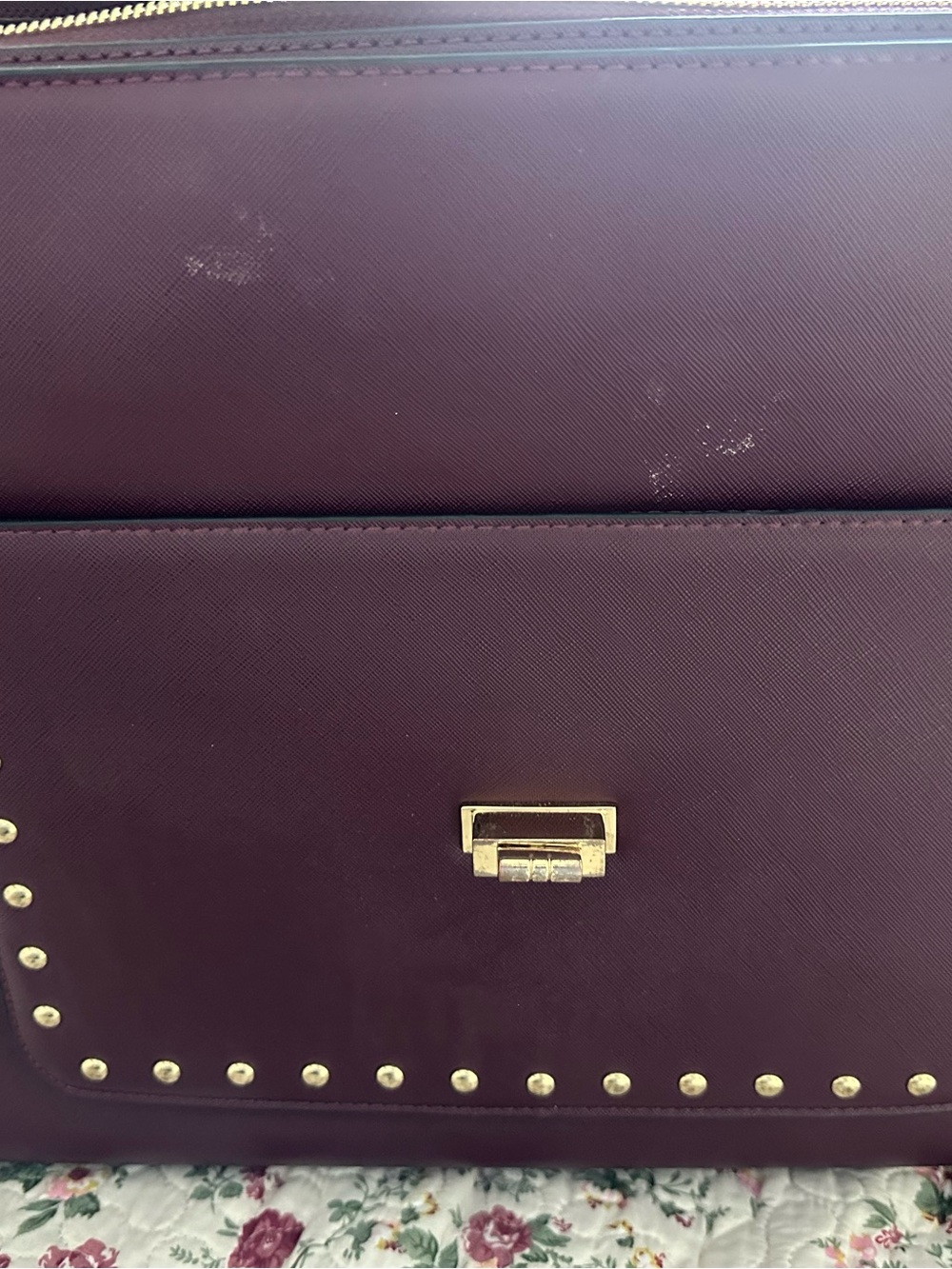 Studded Burgundy Women's Crossbody Satchel Briefcase Laptop Bag - Picture 7 of 7